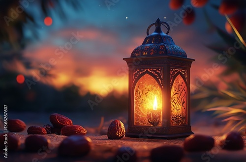Lantern Glowing Softly at Dusk Surrounded by Dates and Gentle Blooms in a Tra...