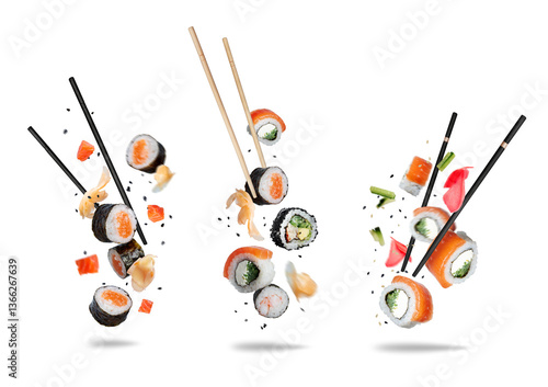 Foto Set of various floating sushi rolls with wooden chopsticks isolated on white bac