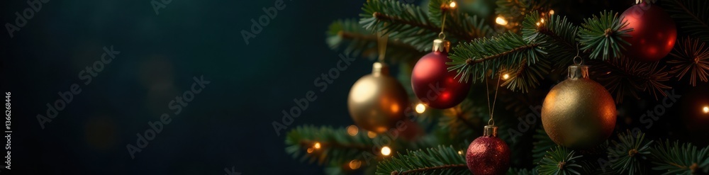 Obraz premium Christmas tree with festive lights and ornaments, winter holiday decorations, winter wonderland