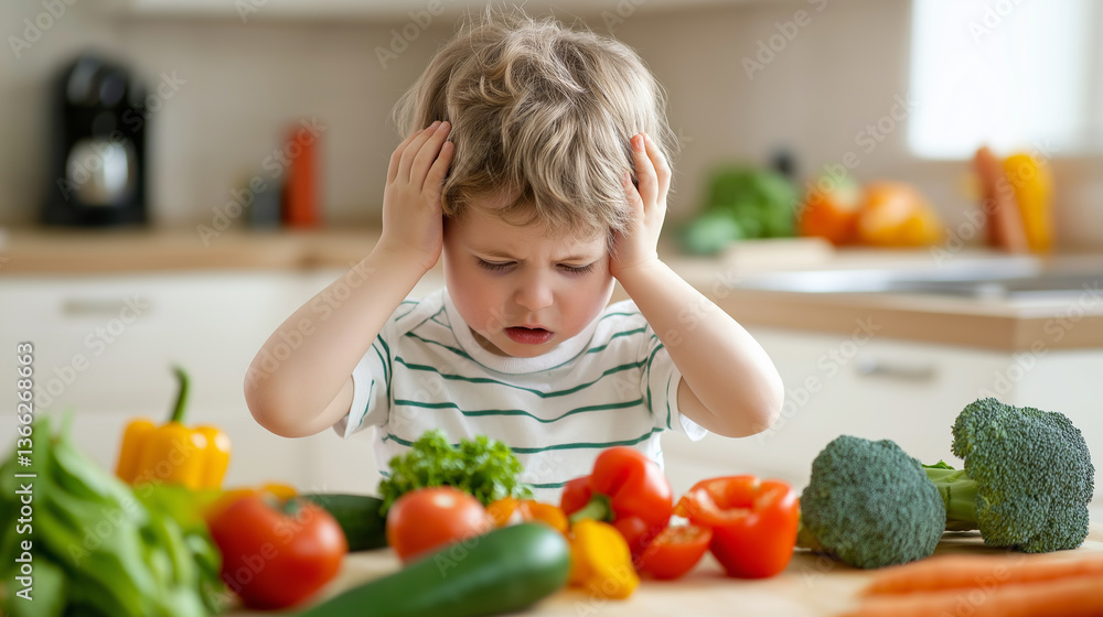 Pouting young boy sitting at a table and refusing to eat fresh vegetables.
Pouting young boy sitting at a table and refusing to eat fresh vegetables.
