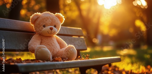 Soft Teddy Bear Sitting on a Bench Surrounded by Autumn Leaves in a Golden Ev...