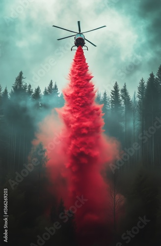 Helicopter Drops Fire Retardant During Intense Forest Fire in Mountainous Area