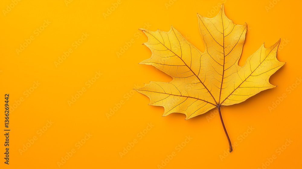 Fototapeta premium Single yellow maple leaf on a vibrant orange background. 