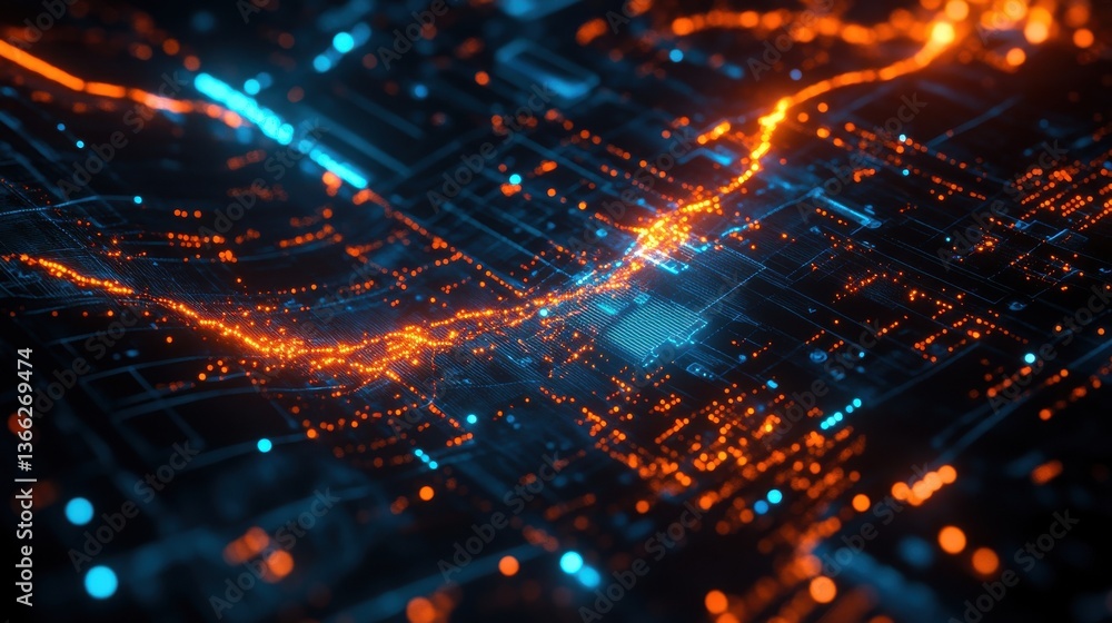A vibrant digital river of glowing orange and blue data streams flowing across a futuristic technological landscape with shimmering particles. A vibrant digital river of glowing orange and blue data streams flowing across a futuristic technological landscape with shimmering particles.