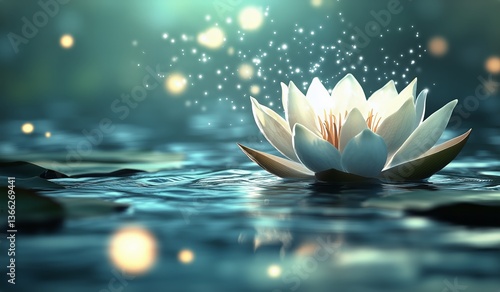 White Water Lily Blooming on Tranquil Water With Reflections and Soft Light