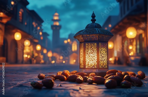 Lantern Glowing Softly at Dusk Surrounded by Dates and Gentle Blooms in a Tra...