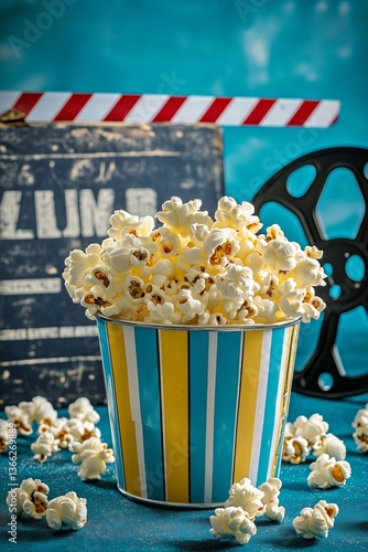 Popcorn in a Colorful Bucket With a Movie Reel and Clapboard on a Teal Backdrop