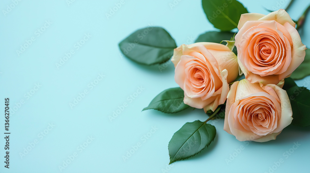 Fototapeta premium A delicate bouquet of soft peach roses with green leaves on a light blue background. 