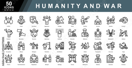 Humanity And War icon collection set. Containing Conflict,Power,Resistance,Aggression,Strategy,Honor,Sacrifice,Survival,Injustice,Invasion,Freedom icon. Simple line vector illustration.