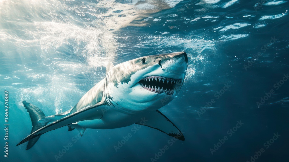 Fototapeta premium Great white shark swims in ocean. Powerful predator isolated against white background. Jaws open showing sharp teeth. Animal in mid-swim action. Wildlife photo with focus on marine life, ocean animal