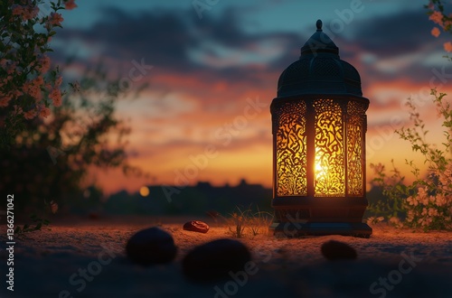 Lantern Glowing Softly at Dusk Surrounded by Dates and Gentle Blooms in a Tra...