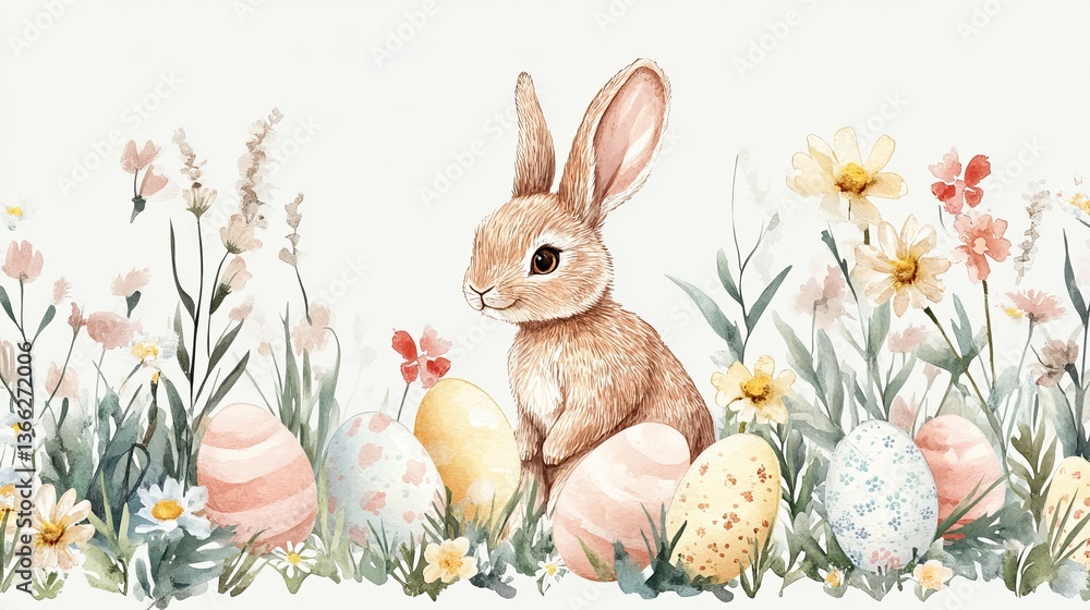 Cute Easter card with a watercolor bunny, eggs, and flowers. It has pretty spring colors. Cute Easter card with a watercolor bunny, eggs, and flowers. It has pretty spring colors.