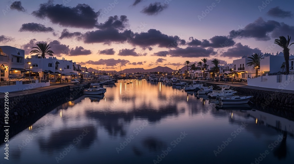 Fototapeta premium Dark water at Playa Blanca Port in Lanzarote creates a calm, mysterious mood. Light reflects off the water, making beautiful patterns.