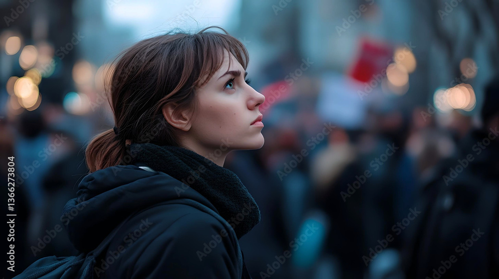 Fototapeta premium Young woman in protest crowd looking hopeful 