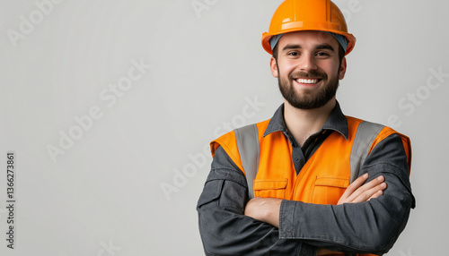 Smiling Construction Worker Wearing Orange Vest and Helmet