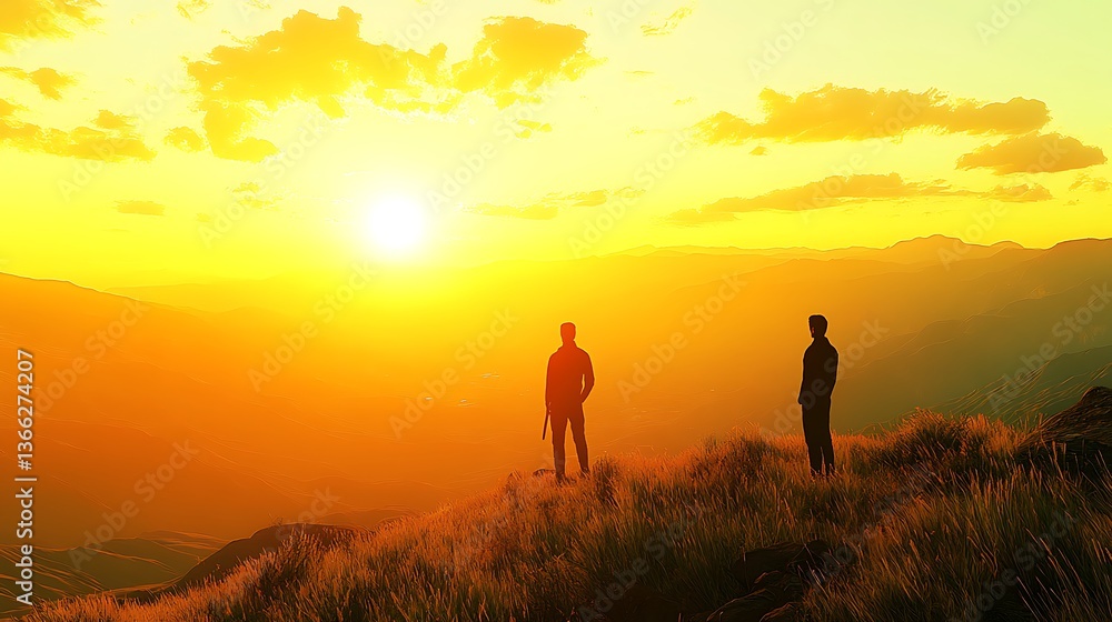 Two Silhouetted Figures Stand on a Hillside Looking Towards the Sunset Two Silhouetted Figures Stand on a Hillside Looking Towards the Sunset
