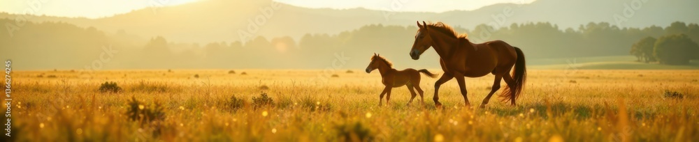 Fototapeta premium Mare stands in field with foal running behind her, wildflowers,