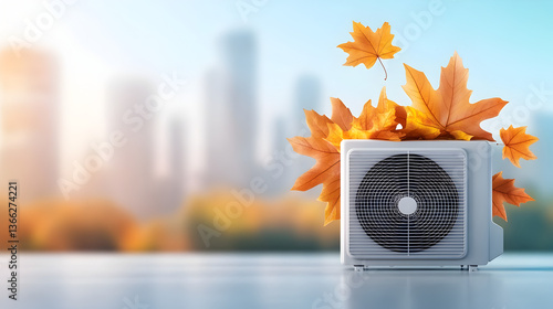 Home HVAC maintenance. Fall cleaning, repair, service. Autumn leaves covering air conditioning units