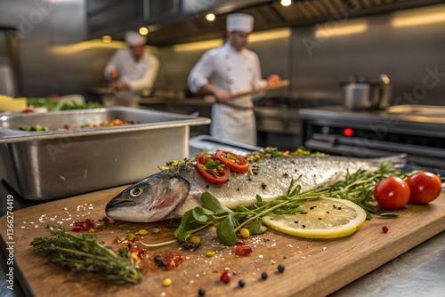 Freshly Prepared Fish Garnished with Herbs in Kitchen, A freshly prepared fish fillet garnished with herbs, lemon, and vegetables on a wooden cutting board, with chefs working in the background in a p