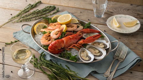 Seafood Platter with Lobster, Shrimp, and Oysters, A luxurious seafood platter featuring lobster, shrimp, and oysters served with lemon wedges and a glass of white wine.
