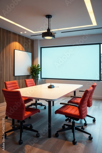 Modern conference room with whiteboard, chairs, and projector screen, collaboration, corporate, strategy