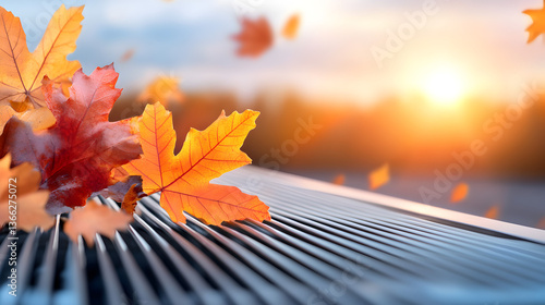 Home HVAC maintenance. Fall cleaning, repair, service. Autumn leaves covering air conditioning units