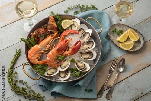 Seafood Platter with Lobster, Shrimp, and Oysters, A luxurious seafood platter featuring lobster, shrimp, and oysters served with lemon wedges and a glass of white wine.
