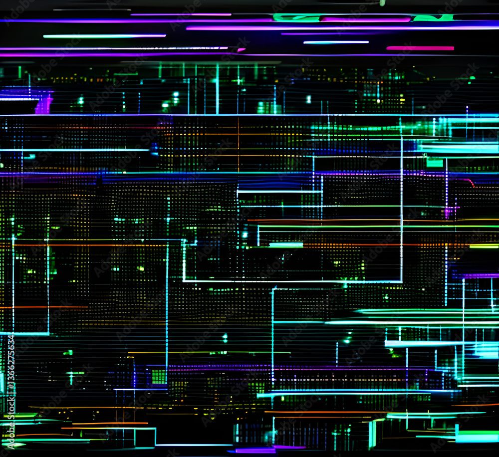 Fototapeta premium Futuristic neon glitch background.Glitched nightlife tech lines,street light motion and technology seamless pattern design.Screen damage.Digital glitch error.Colorful glow on teal.generative ai