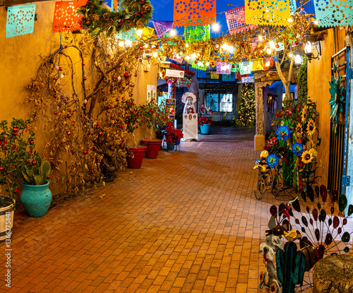 Colorful Christmas Decorations in Spanish Style Plaza in Old Town at Night, Albuquerque, New Mexico, USA