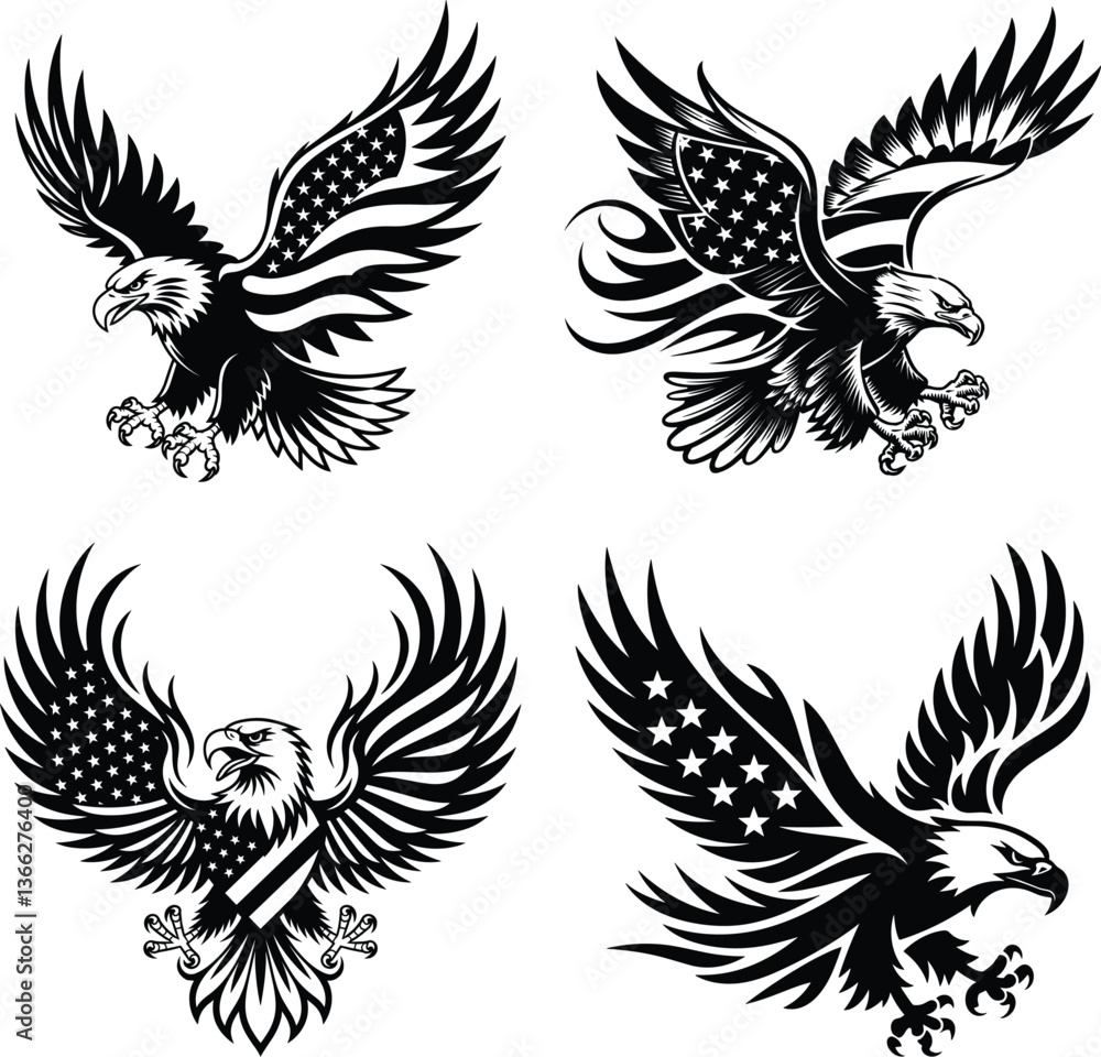 Obraz premium A set of Eagle vectors with an American flag, 4th jully, Independence Day, American bald eagle set, tribal tattoo and logo design, patriotic eagle t-shirt design element illustration.