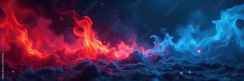 Red and blue flames engulf a dark, mysterious space with a hint of orange, cobalt blue, incandescent warmth, scorching intensity Red and blue flames engulf a dark, mysterious space with a hint of orange, cobalt blue, incandescent warmth, scorching intensity