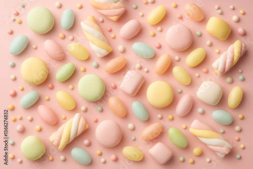 Pastel candy and marshmallow arrangement on pink background, colorful sweets and confections forming a whimsical pattern in a flat lay style for candy promotions, or children’s branding.