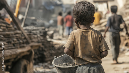 Child Labor Poverty, Construction Site, Dusty Boy, Carrying Cement, India
