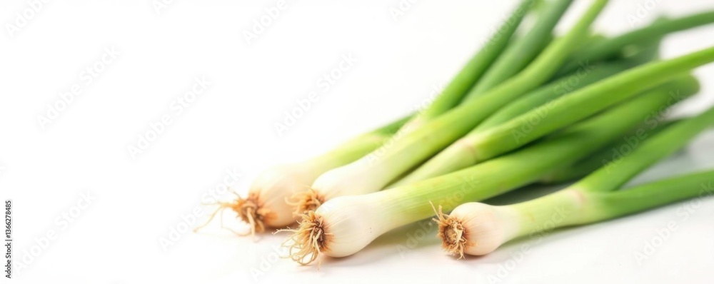 Obraz premium A bunch of fresh green onion stems and bulbs isolated on a clean white background in a garden setting, vegetable, agricultural