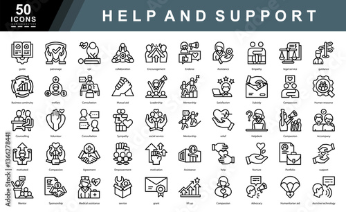 Help And Support icon collection set. Containing Mentorship,relief,Helpdesk,Accompany,motivated,Agreement,Empowerment,motivation,help,Nurture icon. Simple line vector illustration.