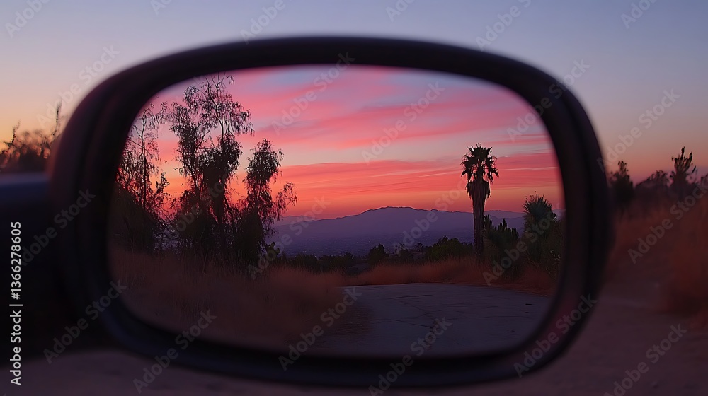 Fototapeta premium Sunset Reflected in Car Mirror.