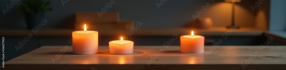 Softly glowing candles on a minimalist wooden table, minimalist, texture Softly glowing candles on a minimalist wooden table, minimalist, texture