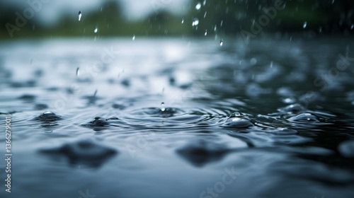 A body of water with rain falling on it. The raindrops are scattered across the surface of the water, creating a sense of calm and tranquility