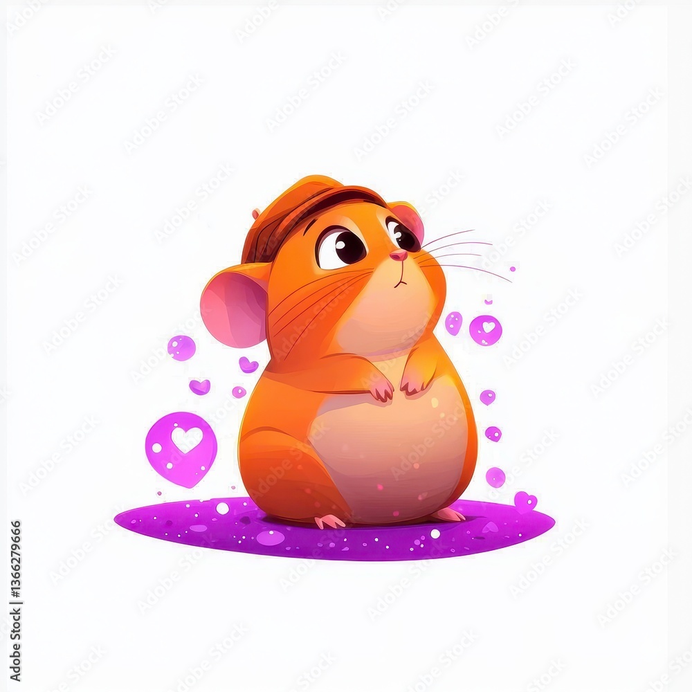 Naklejka premium Adorable Hamster in a Beret, Dreaming Amidst Purple Hearts