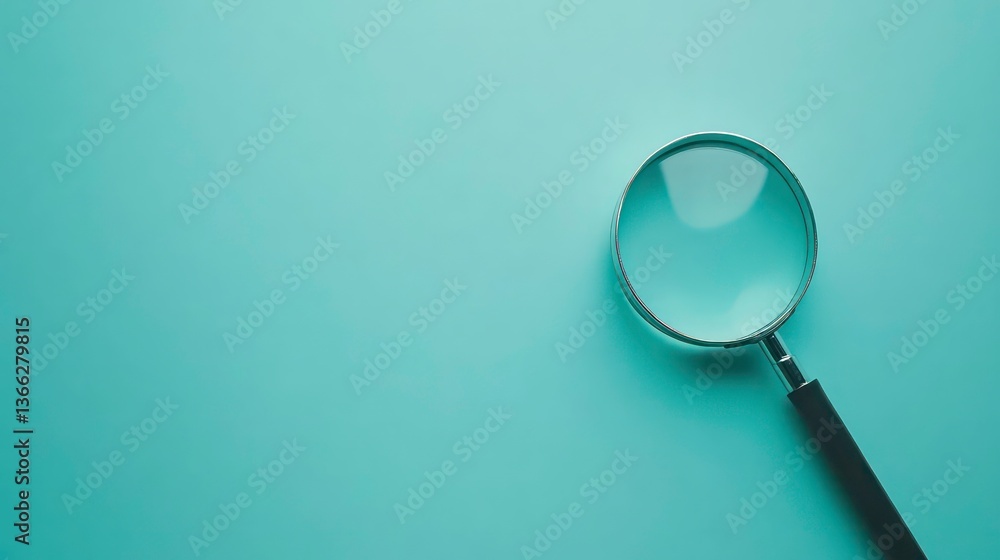 Magnifying glass on bright cyan background. Simple tool for research analysis. Clean design for tech business concepts. Flat lay studio shot ideal for product design, illustration icon design. Magnifying glass on bright cyan background. Simple tool for research analysis. Clean design for tech business concepts. Flat lay studio shot ideal for product design, illustration icon design.