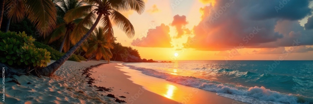 Sunset on tropical sandy ocean beach with palm trees and film-flared effects, tropics, coastal scenery, palm trees Sunset on tropical sandy ocean beach with palm trees and film-flared effects, tropics, coastal scenery, palm trees