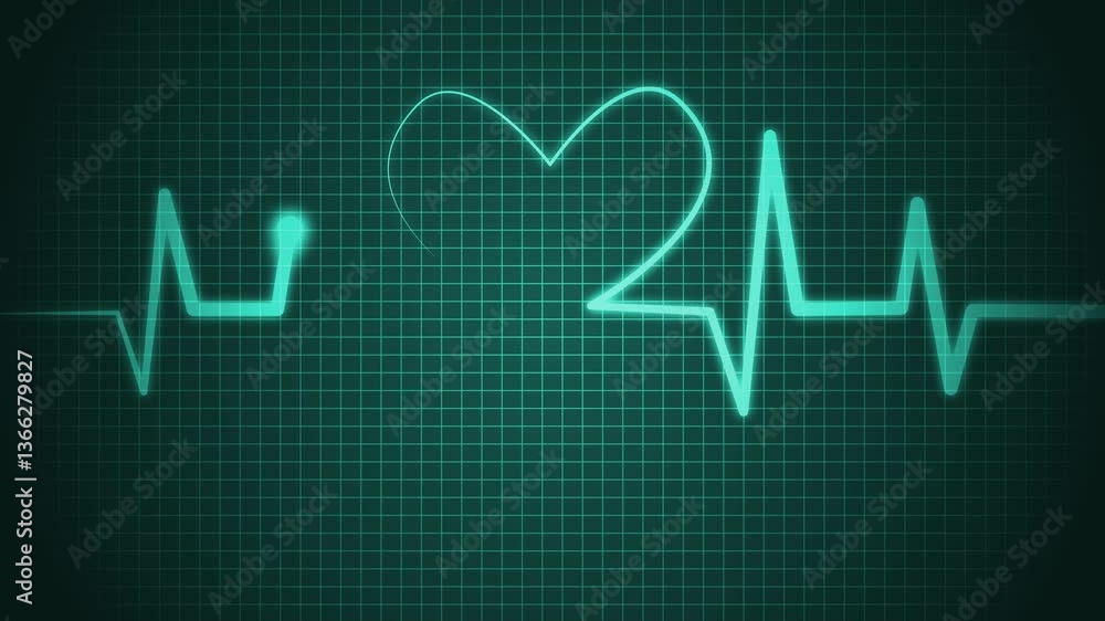 Heart-Shaped ECG Line on Grid Background Animation, A heart-shaped electrocardiogram line on a dark grid background Heart-Shaped ECG Line on Grid Background Animation, A heart-shaped electrocardiogram line on a dark grid background