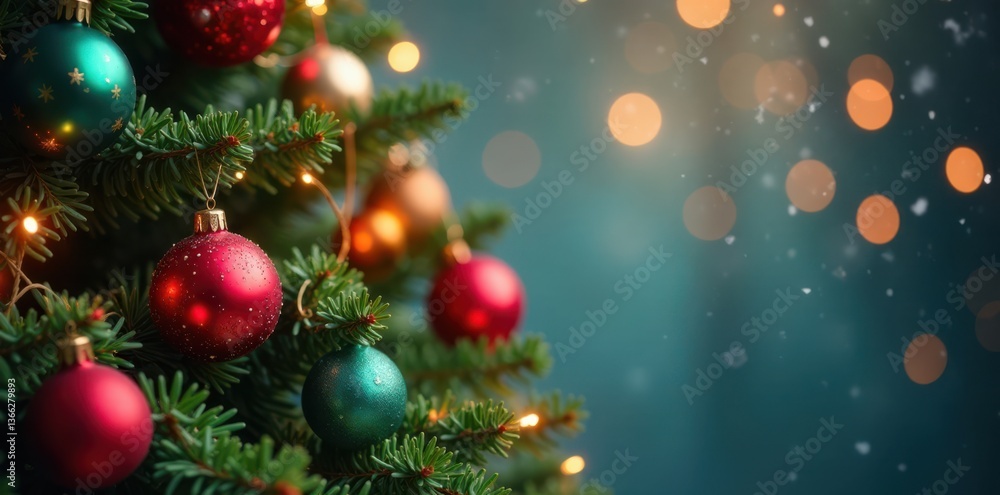 Swirling garland of colored balls hanging from Christmas tree top, festive holiday decor, hanging ornament garland Swirling garland of colored balls hanging from Christmas tree top, festive holiday decor, hanging ornament garland