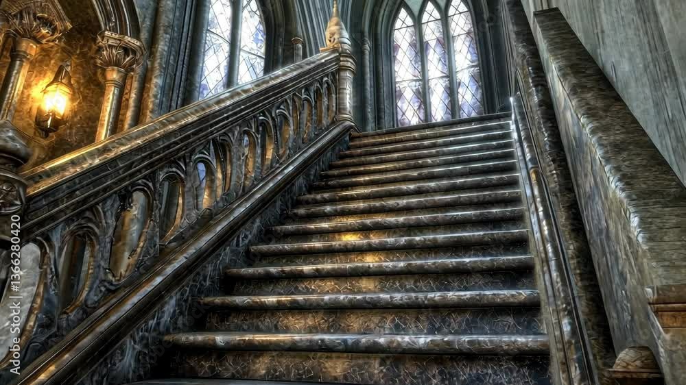 Intricate staircase of a majestic old building with ornate details and sunlight streaming through large windows Intricate staircase of a majestic old building with ornate details and sunlight streaming through large windows