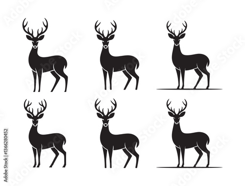 Black silhouette of deer, Deer Vector Illustration Set, Black and White Silhouettes. Collection of Different Deer Poses, Perfect for Logo, Design