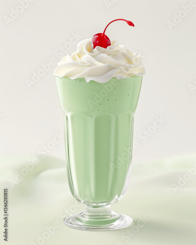 Wallpaper Mural Green milkshake with whipped cream and a glazed red cherry on top in a glass bowl set against a white background with a light green tablecloth, Fresh summer beverage, AI generated Torontodigital.ca