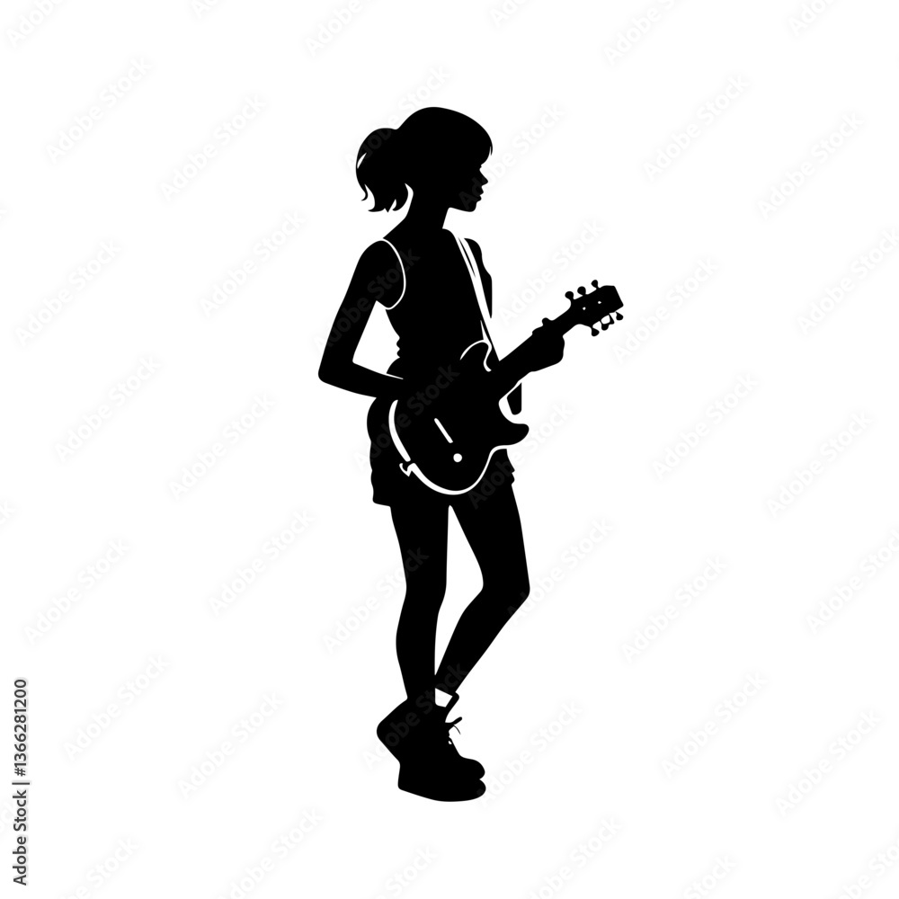 Girl playing electric guitar during a music performance in a relaxed atmosphere Girl playing electric guitar during a music performance in a relaxed atmosphere