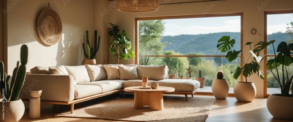 Fototapeta premium cozy living room with stylish couch and coffee table