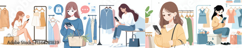 young woman playing smartphone while buying clothes
