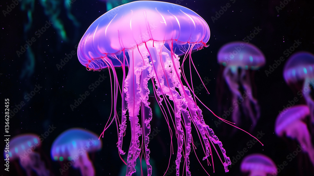 Naklejka premium A serene digital illustration of large pinkish-purple jellyfish swimming in the deep ocean, surrounded by smaller jellyfish and a starry background, creating a peaceful and ethereal atmosphere